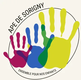 Logo de l'APE de Sorigny : trois empreintes de main, framboise, bleue et jaune-vert, qui se recouvrent dans une ellipse au trait fin. Signature : Ensemble pour nos enfants.